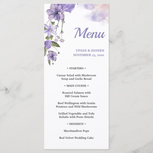 Sweet Paarse Floral Wedding Menu (Voorkant)
