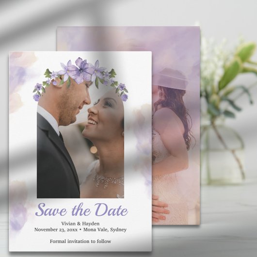 Sweet Paarse Floral Wedding Save The Date Kaart