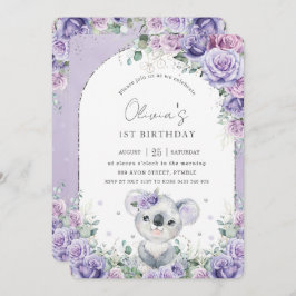 Sweet Paarse Lila Floral Koala Birthday Party Kaart
