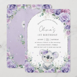 Sweet Paarse Lila Floral Koala Birthday Party Kaart
