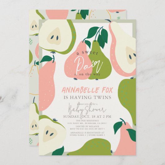 Sweet Pair Roze & Groene Peer Twins Baby shower Kaart (Voorkant / Achterkant)