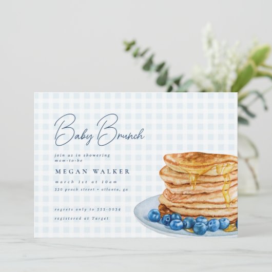 Sweet Pancake Blue Gingham Boy Baby shower Brunch Kaart (Staand voorkant)