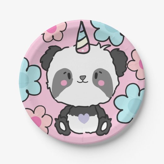 Sweet Panda Unicorn Girly Floral Papieren Bordje (Voorkant)