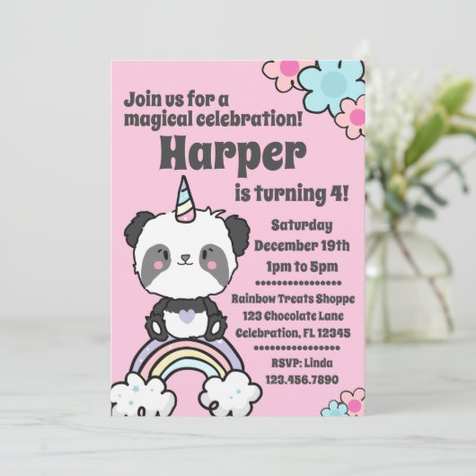 Sweet Panda Unicorn Girly Uitnodiging (Staand voorkant)