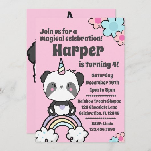Sweet Panda Unicorn Girly Uitnodiging (Voorkant / Achterkant)
