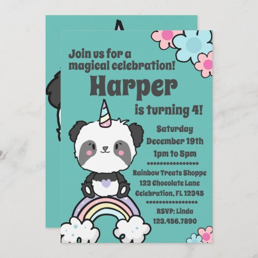 Sweet Panda Unicorn Girly Uitnodiging (Voorkant / Achterkant)
