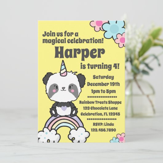Sweet Panda Unicorn Girly Uitnodiging (Staand voorkant)