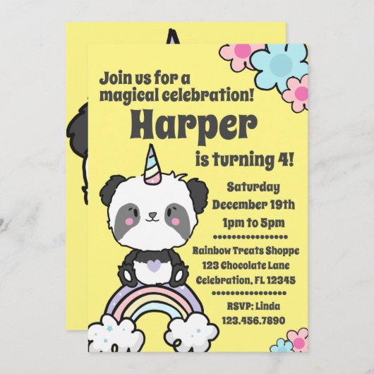 Sweet Panda Unicorn Girly Uitnodiging (Voorkant / Achterkant)