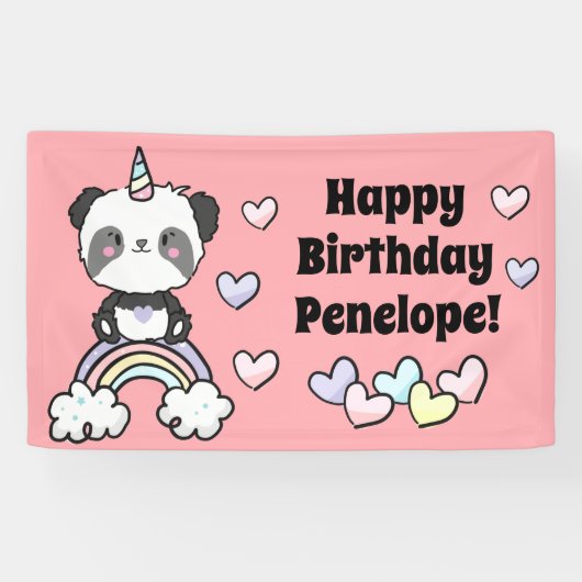 Sweet Pandacorn met regenboogharten Birthday Spandoek (Horizontaal)