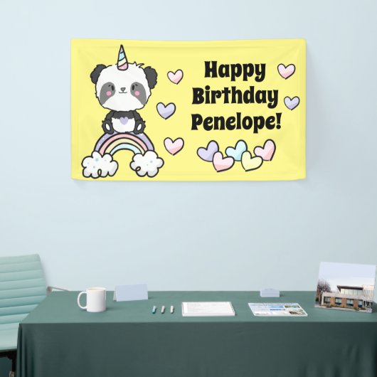 Sweet Pandacorn met regenboogharten Birthday Spandoek (Beurs)