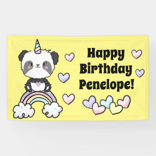 Sweet Pandacorn met regenboogharten Birthday Spandoek