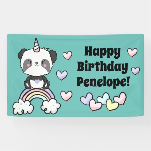 Sweet Pandacorn met regenboogharten Birthday Spandoek (Horizontaal)
