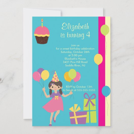 Sweet Party Girl Birthday Party Invitation Kaart (Voorkant)