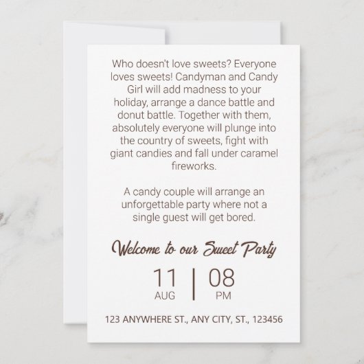Sweet Party. Oorspronkelijke uitnodiging. Save The Date (Achterkant)