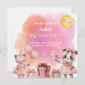 Sweet Pastel Animal Birthday Party Invitation Kaart (Voorkant / Achterkant)