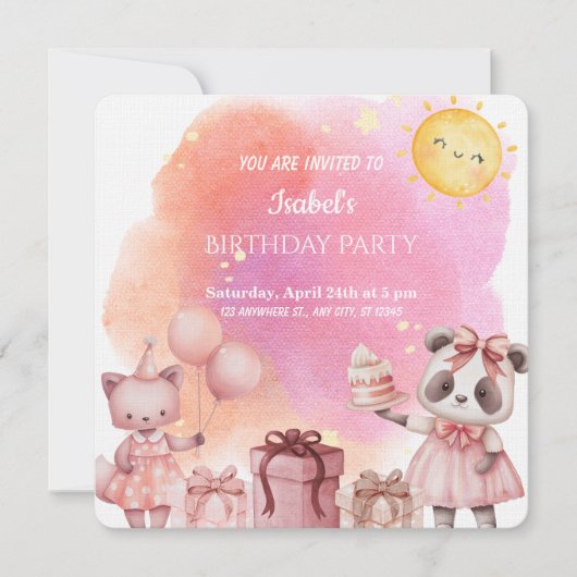 Sweet Pastel Animal Birthday Party Invitation Kaart (Voorkant)