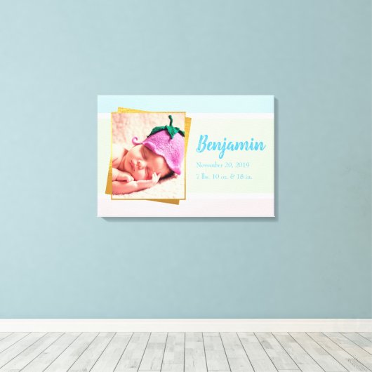 Sweet Pastel Baby Boy Foto geboortedatum Canvas Afdruk (Insitu (Houten vloer))