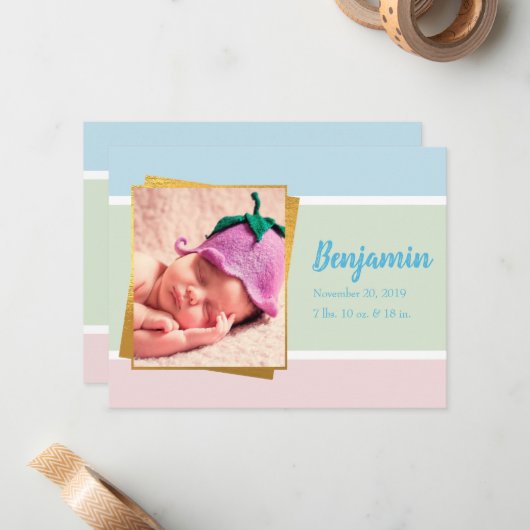 Sweet Pastel Baby Boy Foto geboortedatum Notitiekaartje (Voorkant / Achterkant in situ)