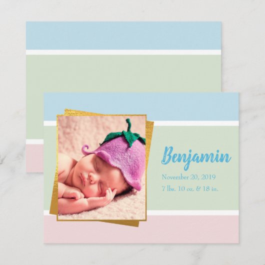 Sweet Pastel Baby Boy Foto geboortedatum Notitiekaartje (Voorkant / Achterkant)