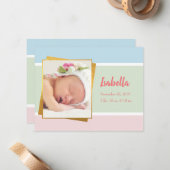 Sweet Pastel Baby Girl Foto geboortedatum Notitiekaartje (Voorkant / Achterkant in situ)