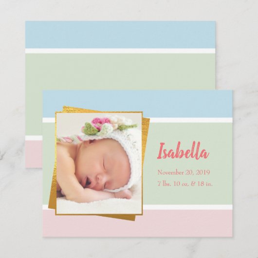 Sweet Pastel Baby Girl Foto geboortedatum Notitiekaartje (Voorkant / Achterkant)