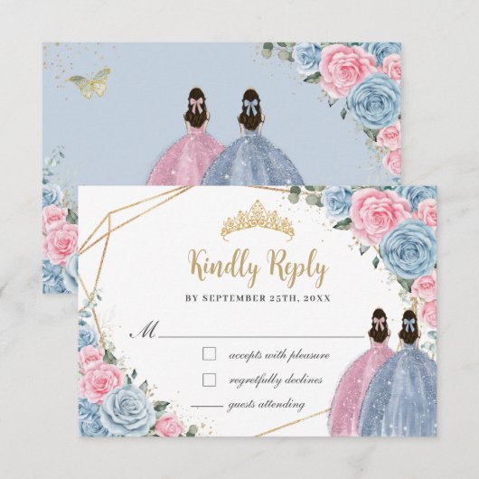 Sweet Pastel Blauw Roze Quinceañera Twins Antwoord (Voorkant / Achterkant)