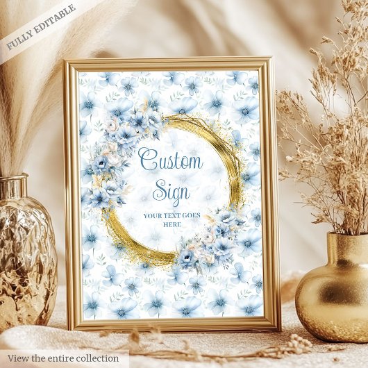 Sweet pastel blauwe bloemen goud boho custom teken poster
