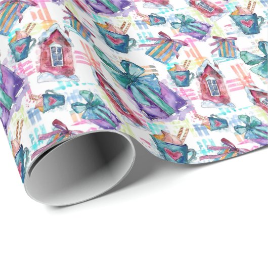 Sweet Pastel Christmas Waterverf Gift Wrap Cadeaupapier (Rol Hoek)