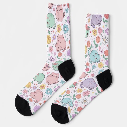 Sweet Pastel Kawaii Cat and Spring Floral Pattern  Sokken (Links)