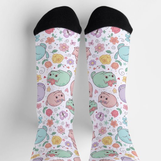 Sweet Pastel Kawaii Cat and Spring Floral Pattern  Sokken (Top)