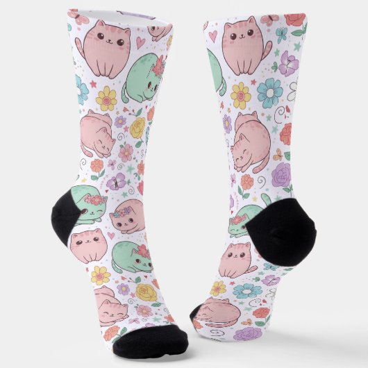 Sweet Pastel Kawaii Cat and Spring Floral Pattern  Sokken (Gebogen)