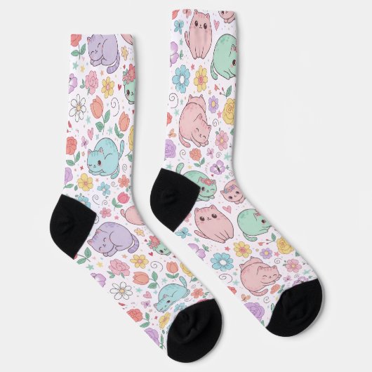 Sweet Pastel Kawaii Cat and Spring Floral Pattern  Sokken (Rechts)