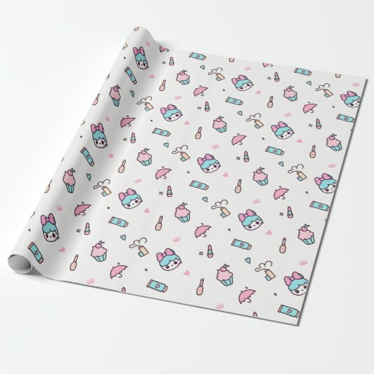 Sweet Pastel Kawaii Pattern – Stars & Makeup Cadeaupapier (Uitgerold)