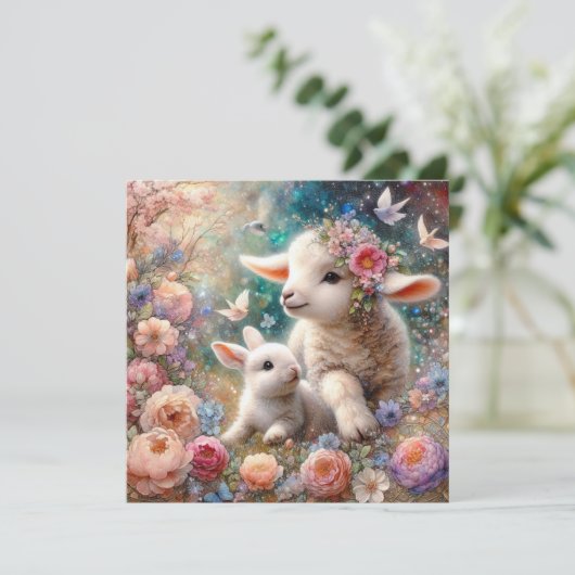 Sweet Pastel Lamb en Bunny Christelijk Pasen Feestdagenkaart (Staand voorkant)