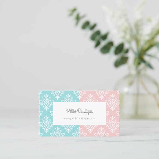 Sweet Pastel Roze en Blauw Damask Boutique Visitekaartje (Staand voorkant)