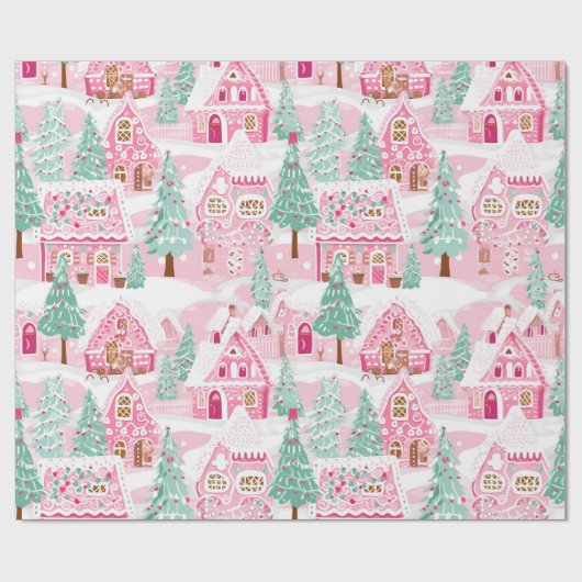 Sweet Pastel Roze Gingerbread Village Kerstmis Cadeaupapier (Vlak)