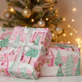 Sweet Pastel Roze Gingerbread Village Kerstmis Cadeaupapier
