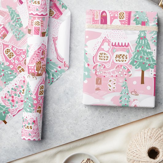 Sweet Pastel Roze Gingerbread Village Kerstmis Cadeaupapier