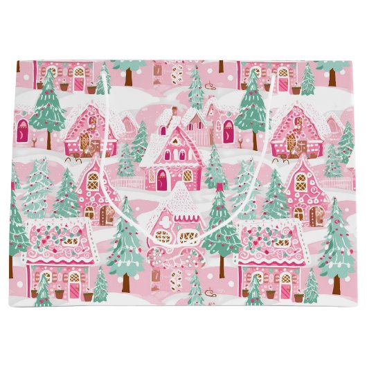 Sweet Pastel Roze Gingerbread Village Kerstmis Groot Cadeauzakje (Voorkant)
