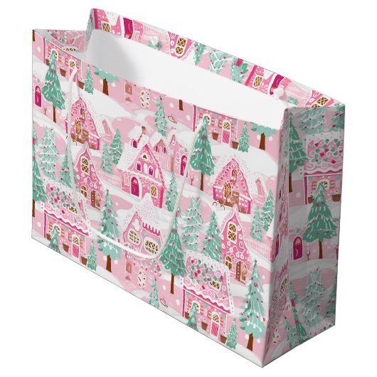 Sweet Pastel Roze Gingerbread Village Kerstmis Groot Cadeauzakje (Voorkant Gekanteld)