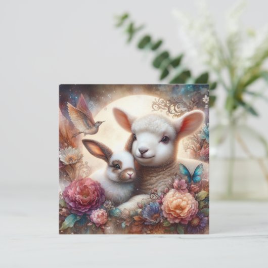 Sweet Pastel Waterverf Lam Konijnenbloemen Feestdagenkaart (Staand voorkant)