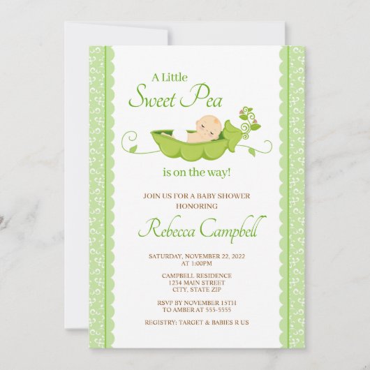 Sweet Pea Baby shower Invitation, Gender Neutral Kaart (Voorkant)