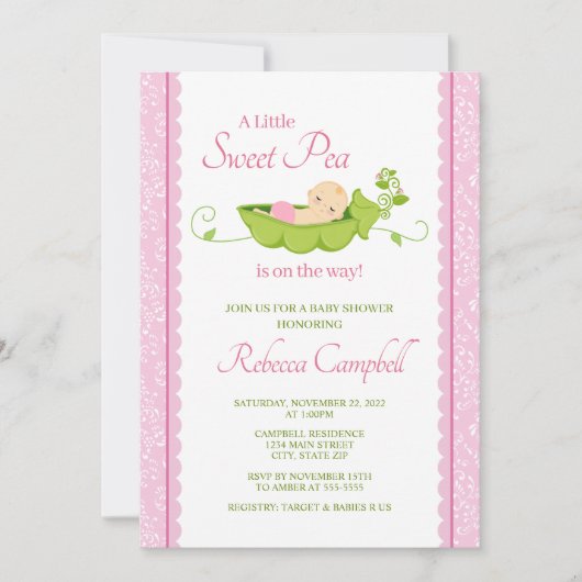 Sweet Pea Baby shower Invitation, Girl Pink Kaart (Voorkant)