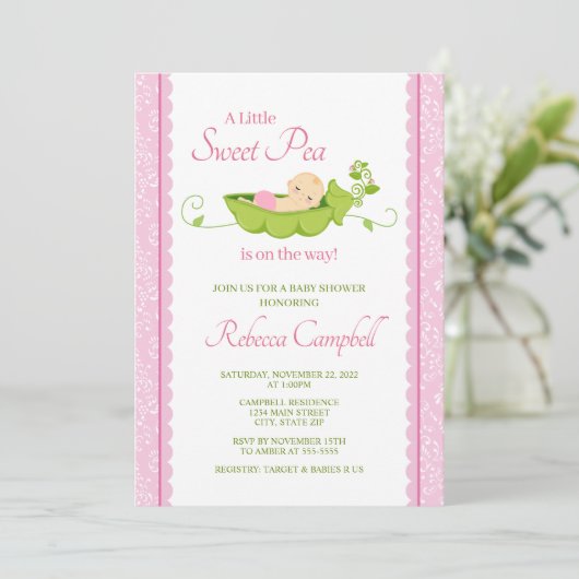 Sweet Pea Baby shower Invitation, Girl Pink Kaart (Staand voorkant)