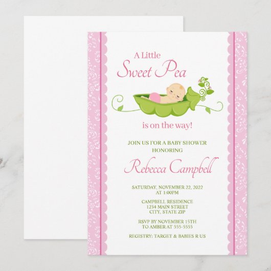 Sweet Pea Baby shower Invitation, Girl Pink Kaart (Voorkant / Achterkant)