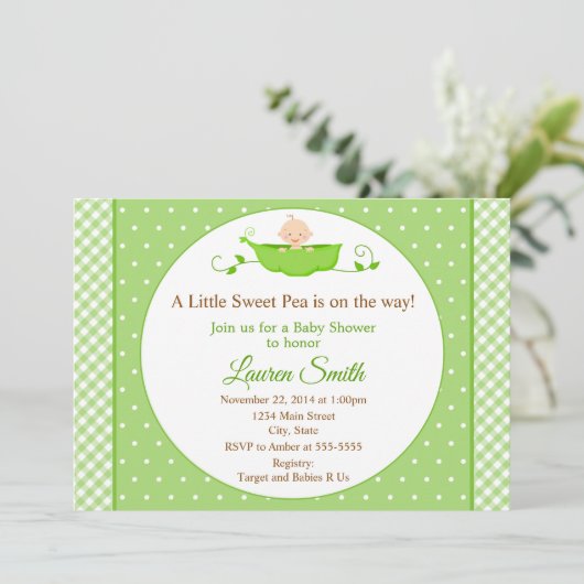 Sweet Pea Baby shower Uitnodiging Neutraal Baby (Staand voorkant)