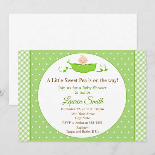Sweet Pea Baby shower Uitnodiging Neutraal Baby (Voorkant / Achterkant)