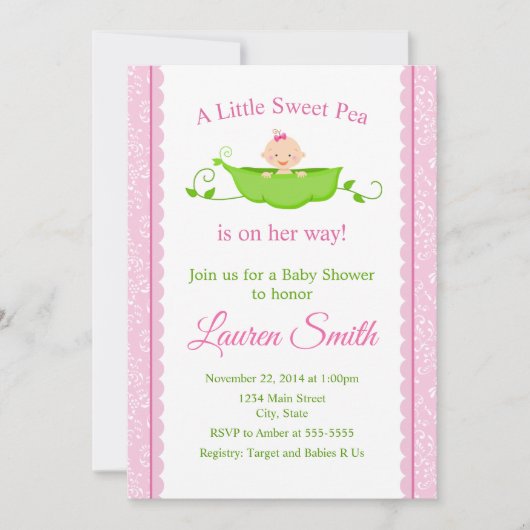 Sweet Pea Baby shower Uitnodiging roze Baby (Voorkant)
