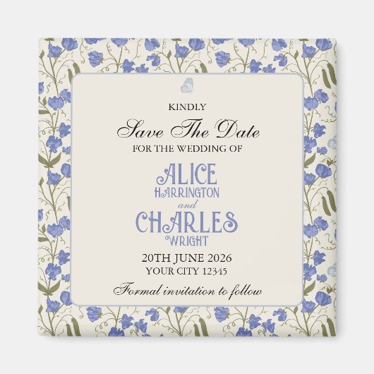 Sweet Pea Bloemen Blauw en Crème Magneet (Voorkant)