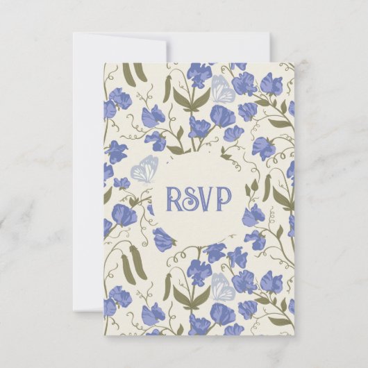 Sweet Pea Bloemen Blauw en Crème RSVP Kaartje (Achterkant)